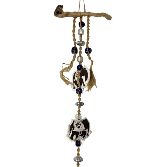 Wall Window Art Cloth Elephant and Blue Glass and Silver Metal Beads on Twine - Picture 1 of 7